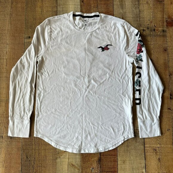Hollister Mens White Long Sleeve Graphic Tee With Floral & Bird Design - Picture 1 of 5